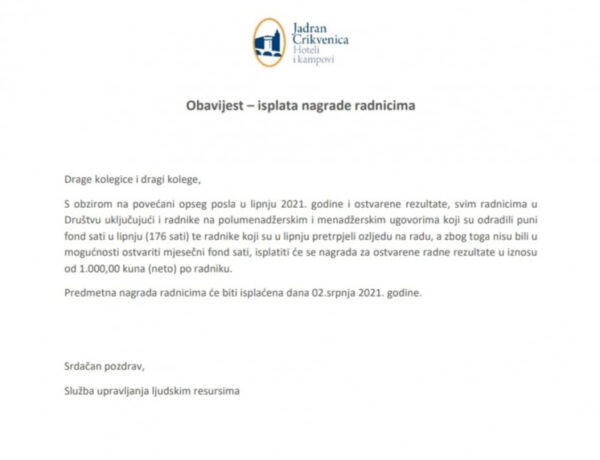 Jadran Crikvenica d.d. – dogovor oko isplate nagrada